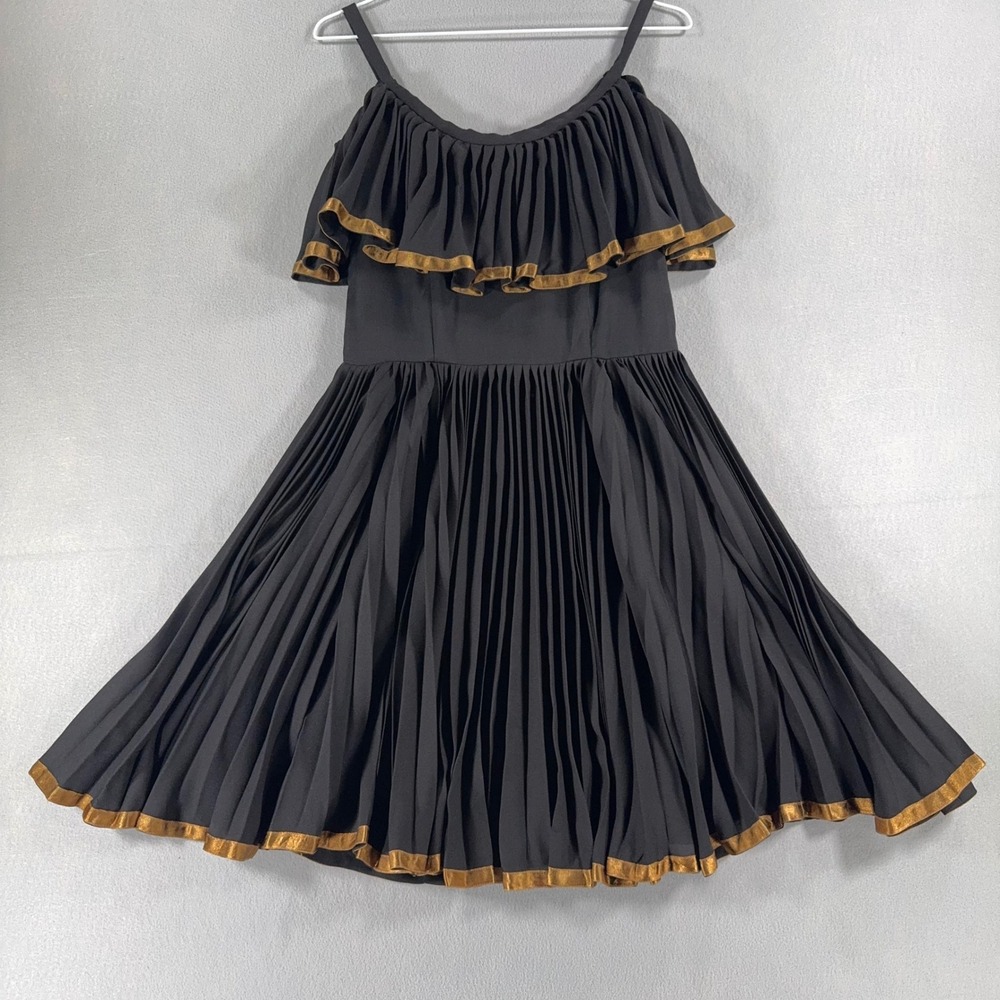 Candela Black Pleated Fit Flare Dress Gold Trim Ruffle Off Shoulder Small